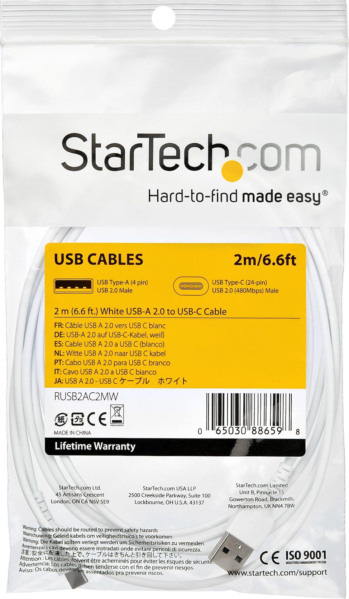 Kabllo karikues USB StarTech.com 2m, USB A në USB C, USB 2.0, e bardhë
