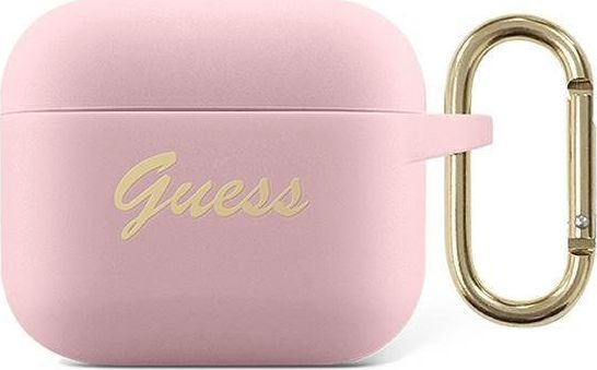Mbulesë silikoni Guess GUA3SSSI Vintage Script për AirPods 3, rozë