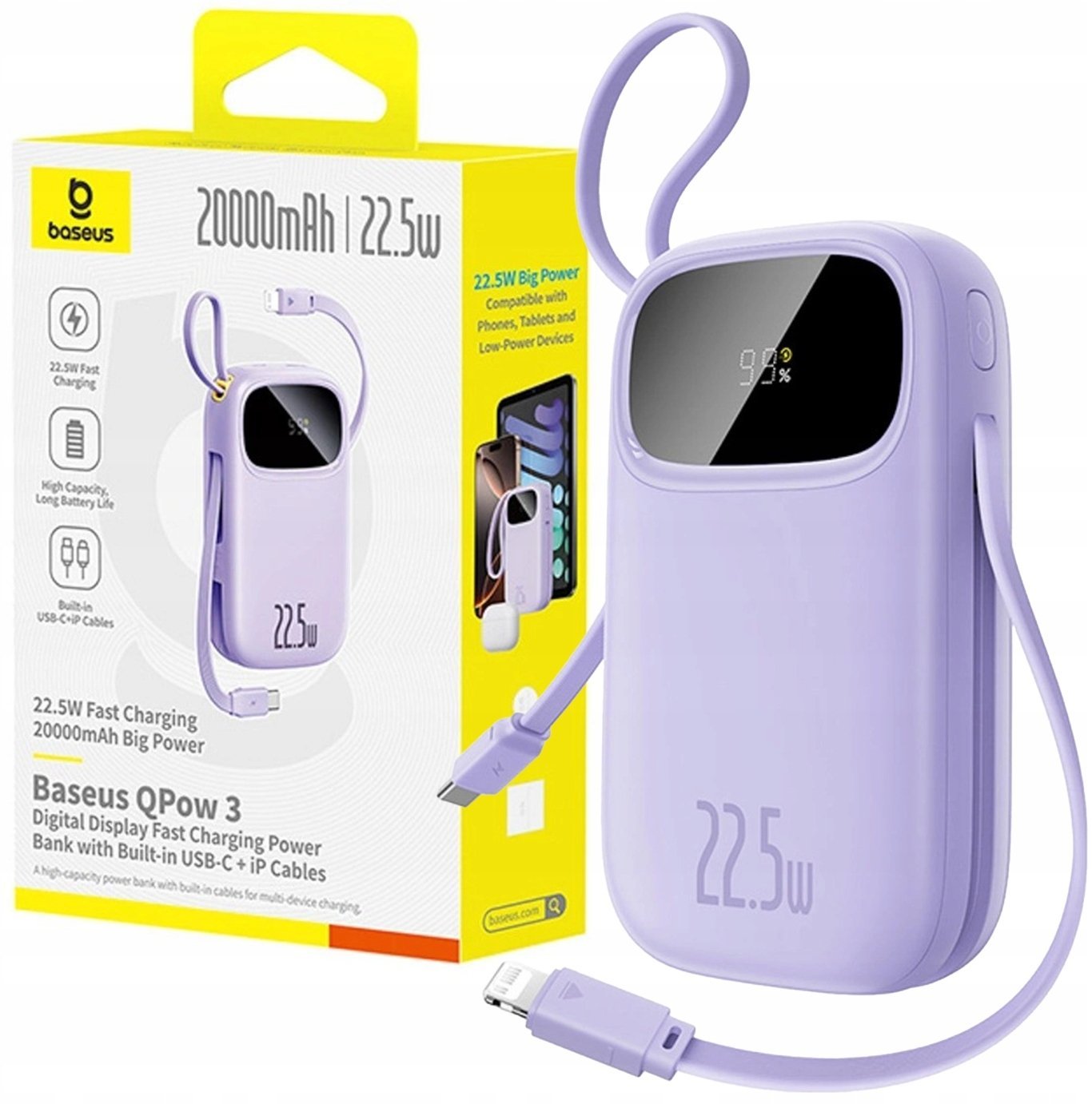 Power bank Baseus, 22.5W, 10000mAh, kabllo USB C dhe Lightning tërheqëse, e zezë