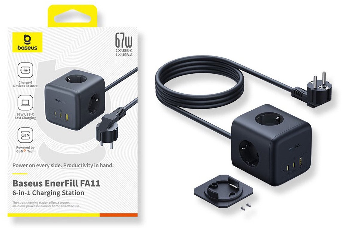 Масаен полнач Baseus GaN3 Pro, 67W, 3x AC 6 во 1, црн