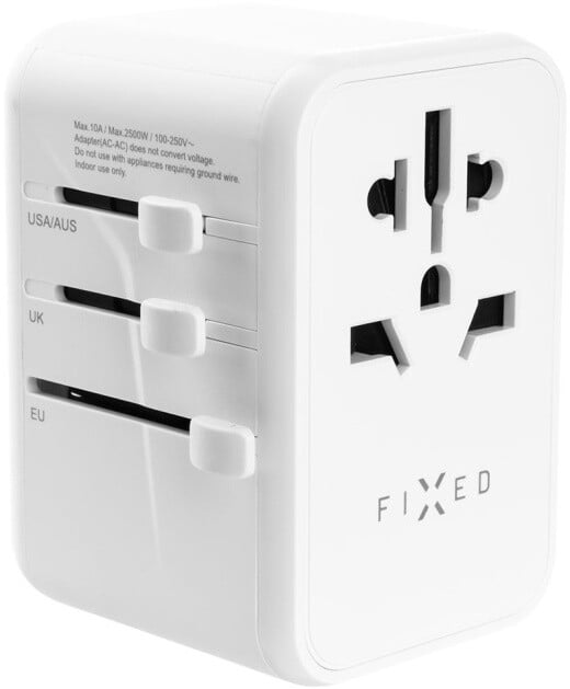 Përshtatës udhëtimi FIXED për EU, UK dhe USA/AUS, 3xUSB-C, 2xUSB-A, GaN, PD 65W, i bardhë