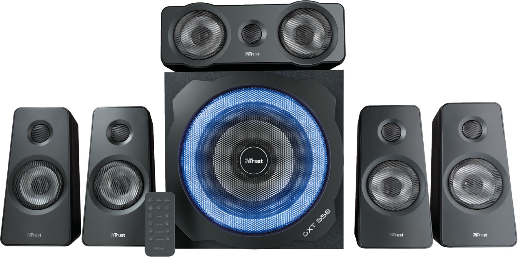 Kutia zanore Trust GXT 658 Tytan, sistem 5.1, 180W, me LED blu