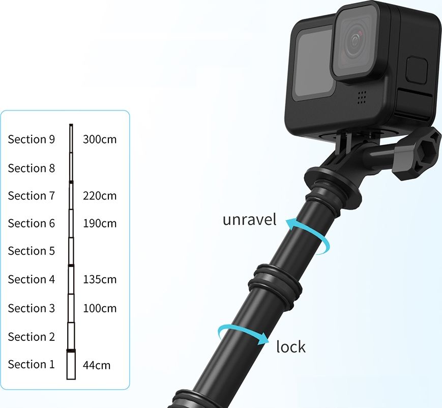 Monopod për kamera sportive Telesin IS-MNP-300, 3m, fibër karboni, i zi