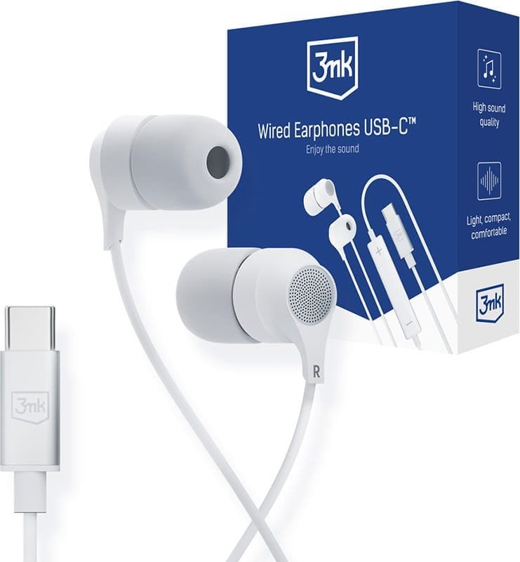 Dëgjues me kabllo 3MK Wired Earphones, USB C, me mikrofon, të bardha 2