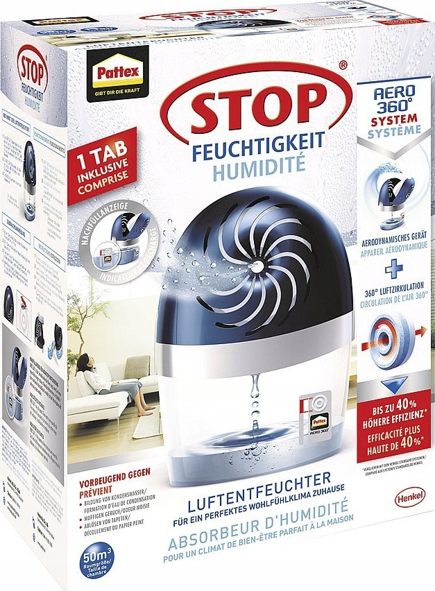 Dehumidifikues Pattex PA360 Aero360, për hapësira deri 50m³, kompakt, i bardhë e blu