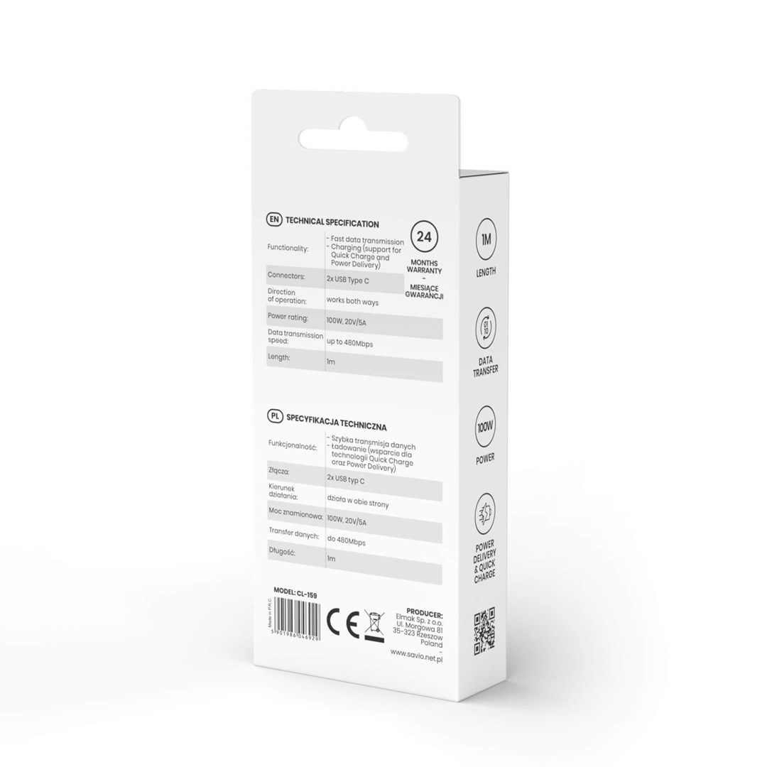 Kabllo Savio, USB Typ C / USB Typ C, 1 m, e zezë