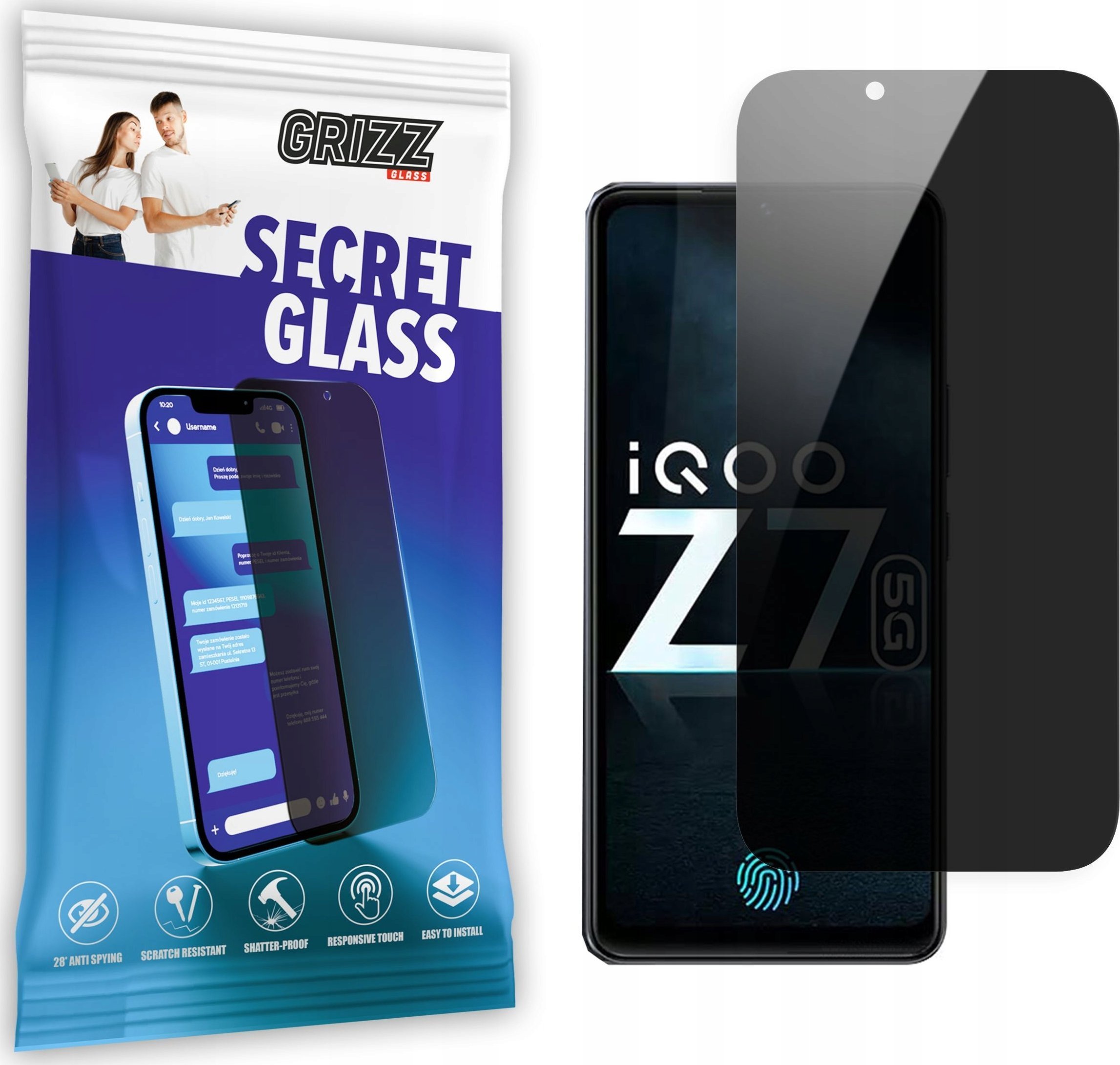 Xham mbrojtës privatësie Grizz SecretGlass për Vivo iQOO Z7, 9H, transparencë e lartë, i zi