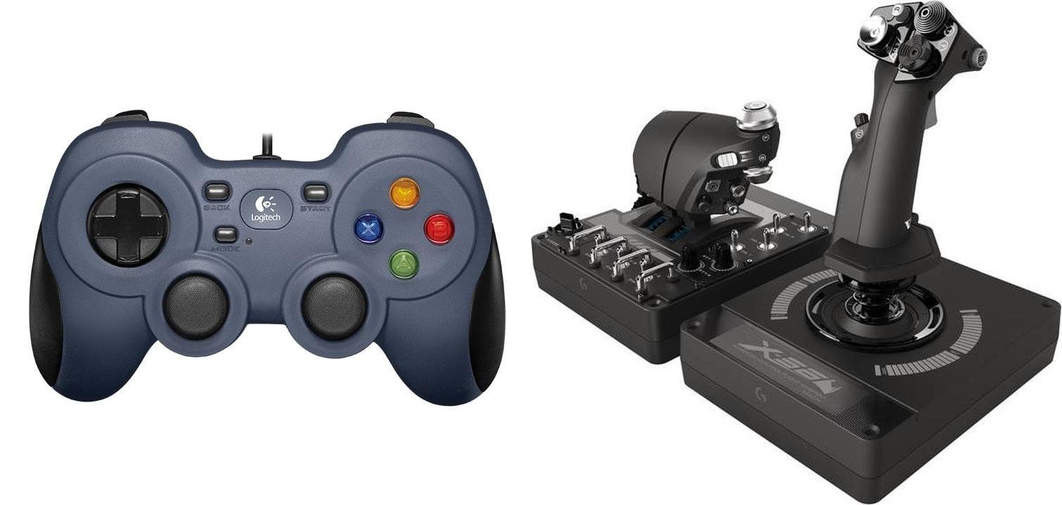 Gamepad dhe joystick Logitech F310 dhe G X56 Hotas, për PC, USB, gri