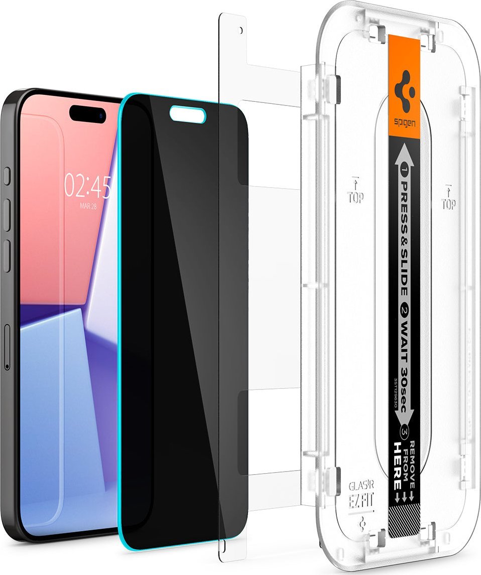 Mbrojtës ekrani Spigen Glass tR EZ Fit Privacy, 2 copë, për iPhone 15 Pro Max, transparent