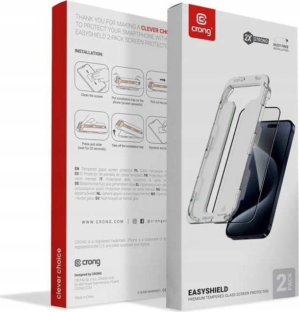 Xham mbrojtës Crong EasyShield, 2 copë, për iPhone 16 dhe iPhone 15, transparent