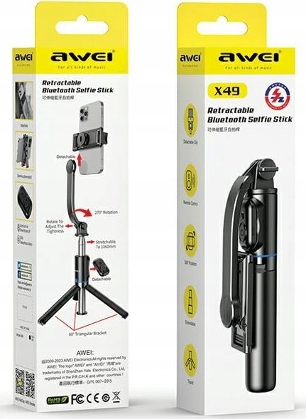 Shkop selfie Awei X49, tripod 2 në 1, telekomandë Bluetooth, i zi