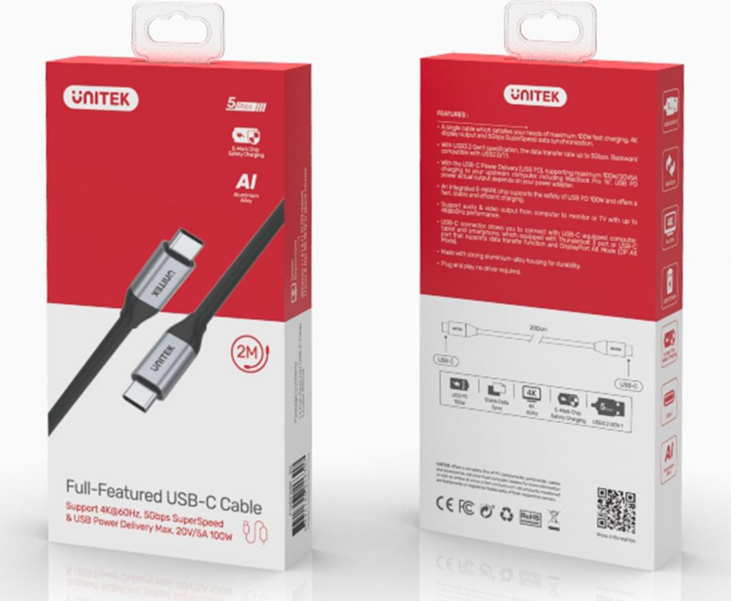 Unitek USB-C до USB-C 3.1 Gen1 Кабел, 2 м