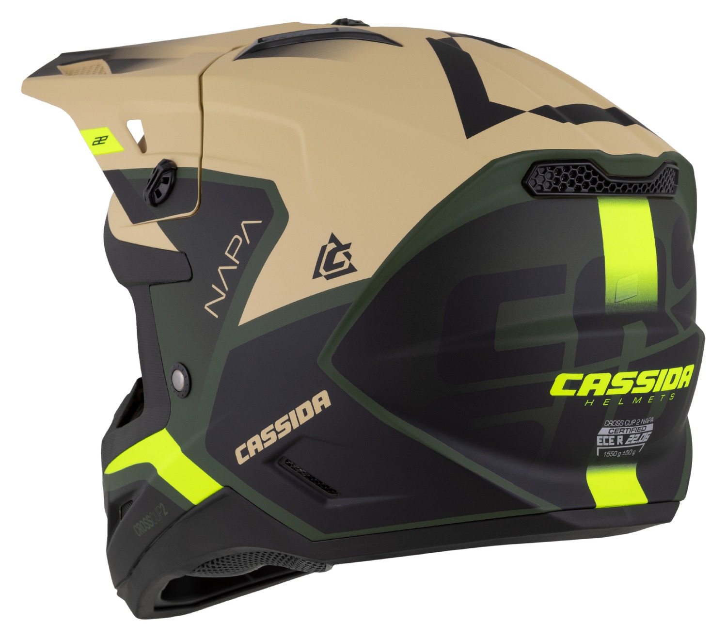 Helmetë moto CASSIDA Cross Cup 2 Napa, ECE 22.06, rreth 1550g, shumëngjyrëshe mat