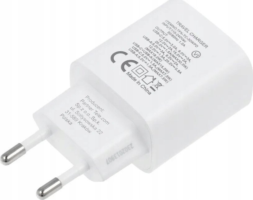 Karikues rrjeti Forcell 30W, 3A, 2 porta USB A dhe USB C, i bardhë