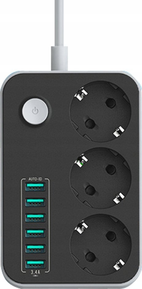 Prizë zgjatëse me 3 dalje dhe 6 porta USB, 1.8m, 2500W, e bardhë
