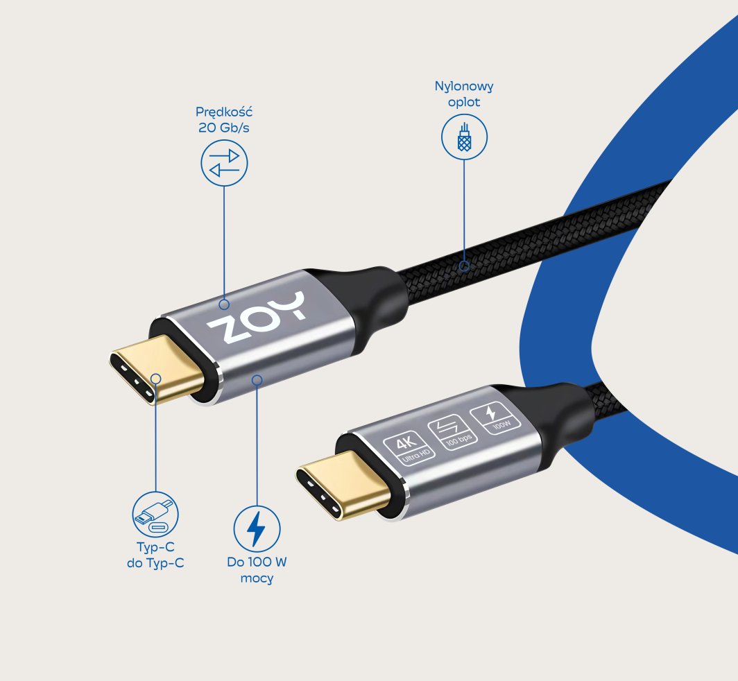 Kabllo ZOY USB C, 2m, e zezë / argjendtë
