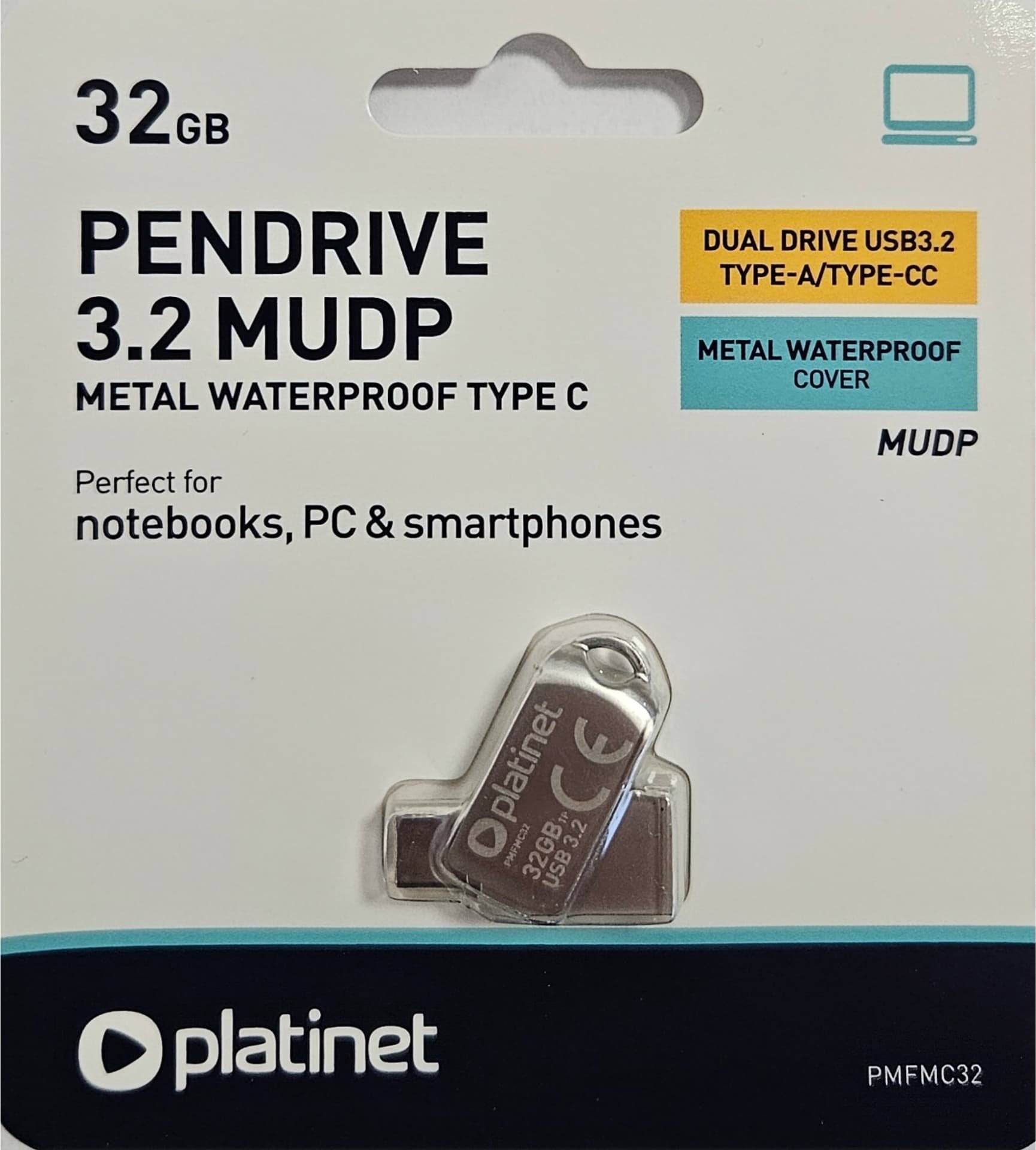 USB меморија Platinet 45970, 32GB, USB 3.2 и USB-C, метална отпорна на вода