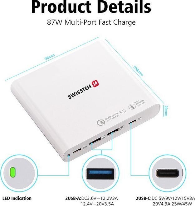 Karikues për notebook Swissten 87W, 2x USB, 2x USB C, i bardhë
