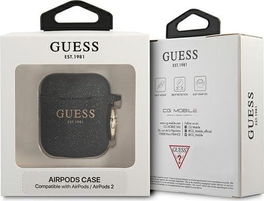 Këllëf silikoni Guess GUA2SGGEK për AirPods 1/2, me shkëlqim, i zi