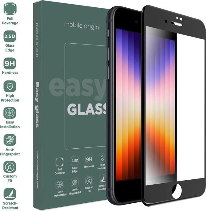 Заштитно стакло Mobile Origin EasyGlass за iPhone 8 7 SE 2022 2020, алуминосиликатно, рабови 2.5D, проѕирно