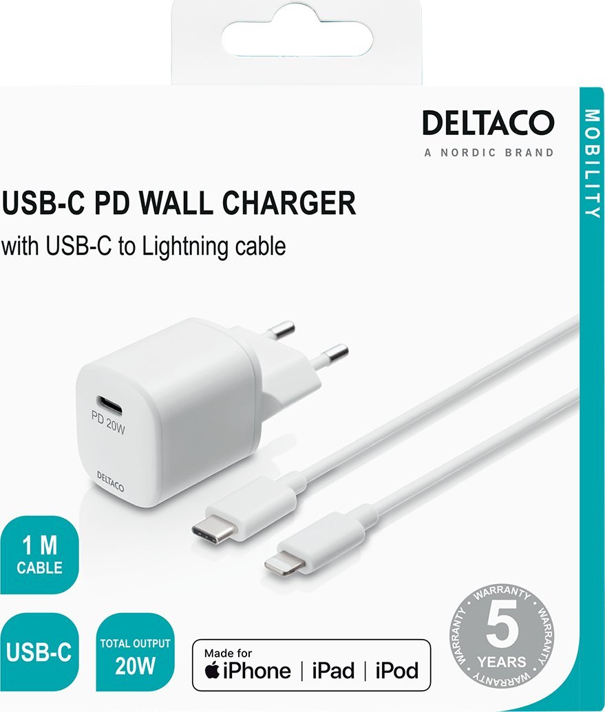Полнач за ѕид DELTACO USB, USB C PD 20W, 3A, бел