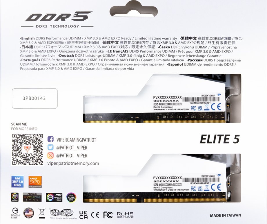 Memorie Patriot Viper Elite 5, DDR5, 64 GB, 6200 MHz, CL42, PVER564G62C42KW