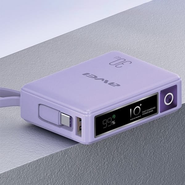 Powerbank Awei P87K, 10000mAh, 30W, me kabllo të integruar, i zi