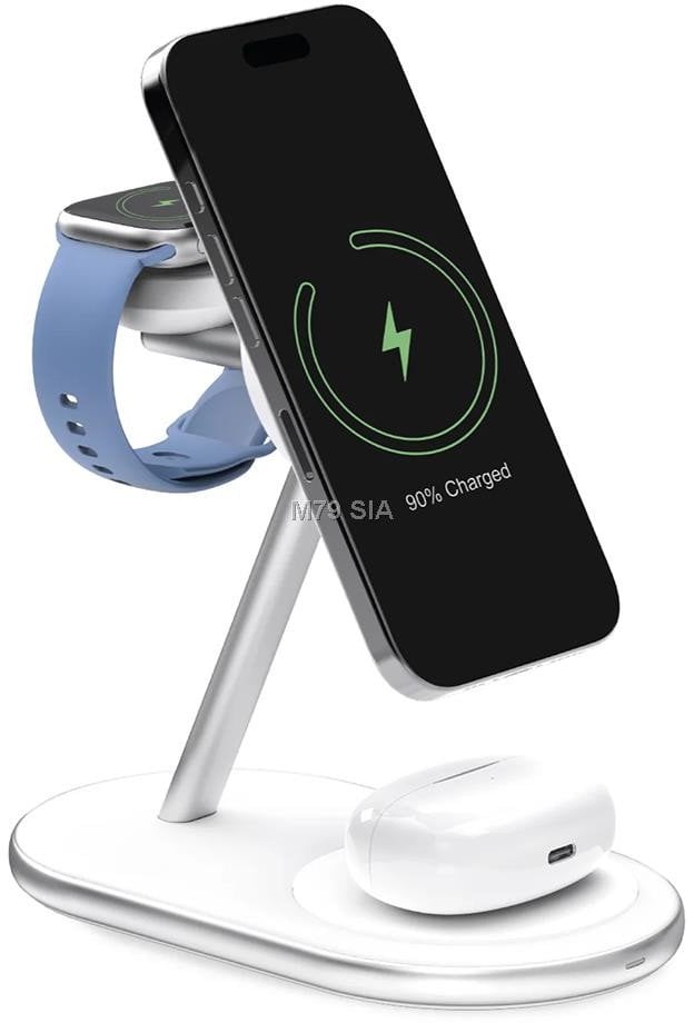 Karikues wireless Puro Mag Station Qi2 3 in 1, 30W, kompatibil me MagSafe, i bardhë