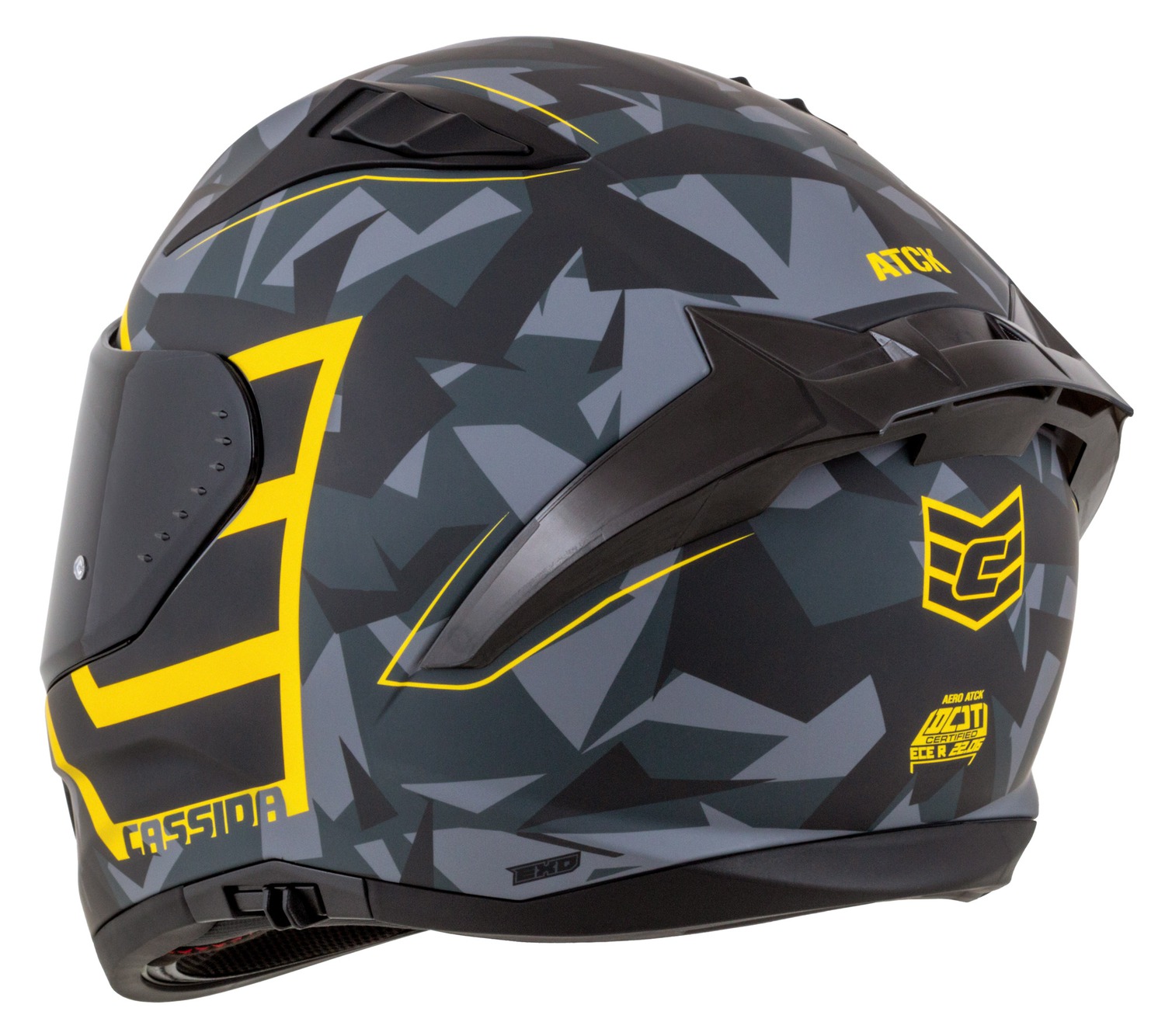 Helmetë moto CASSIDA Aero ATCK, integrale, polikarbonat, gri kamuflazh e zezë e verdhë neon