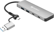 USB HUB Sandberg USB-C/A, 2x USB-A, 2x USB-C, сива