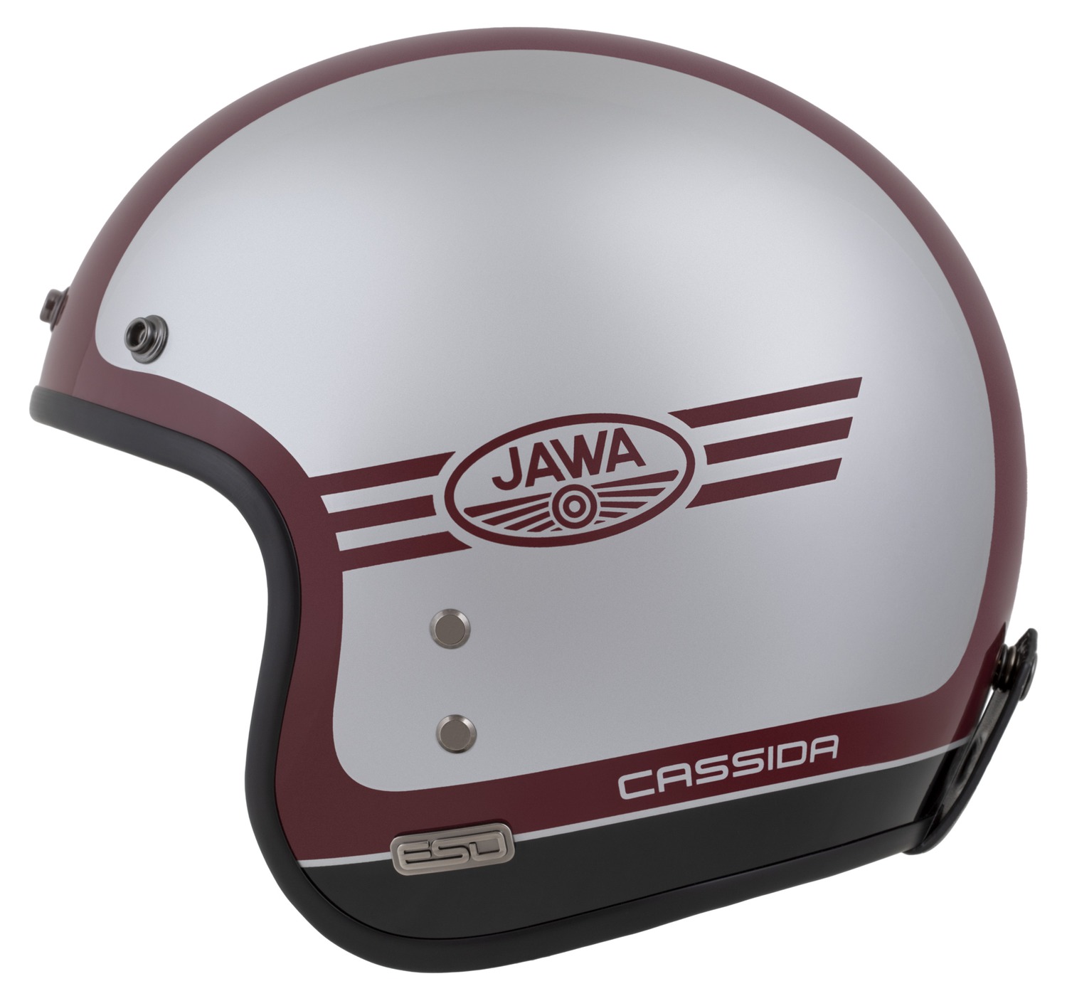 Helmetë moto CASSIDA ESO Jawa Panel 2026, e hapur neo retro, fiberglass, e kuqe argjendtë e zezë
