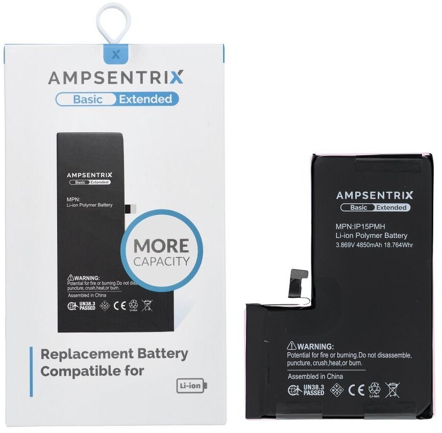 Bateri telefoni Ampsentrix Basic për iPhone 15 Pro Max, 4850 mAh, kapacitet i lartë