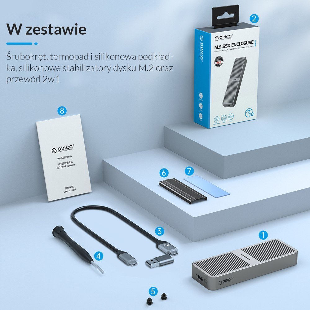 Кутија Orico за SSD M.2 NVMe, USB-C 3.2 Gen 2x2, 20 Gbps, сива
