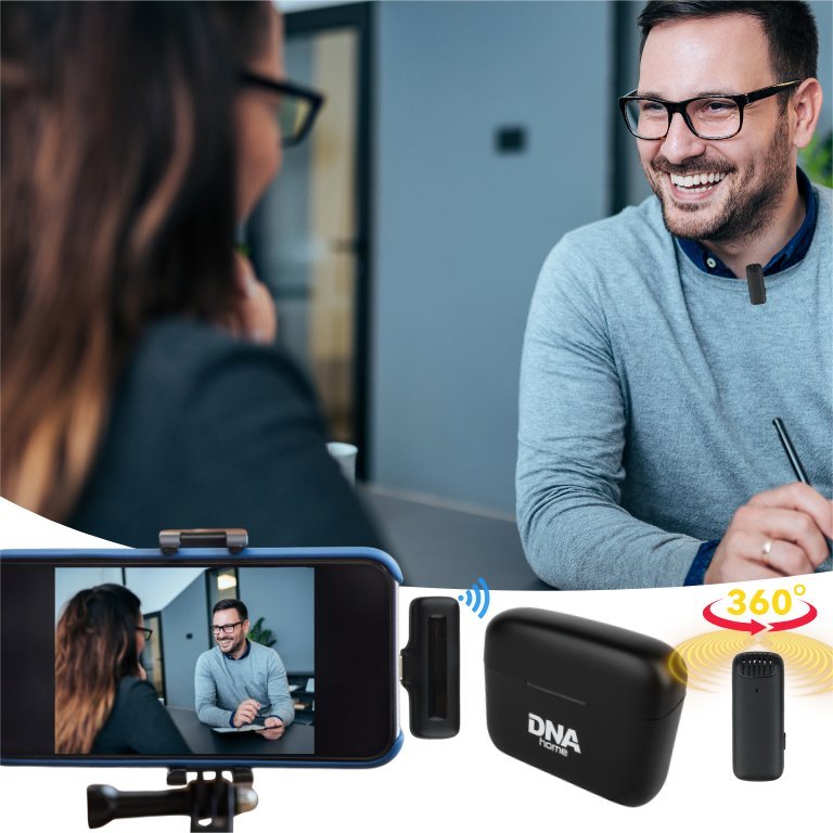 Set mikrofonësh pa tela DNA ICM1, për smartphone, Bluetooth 5.2, me USB C dhe Lightning, i zi