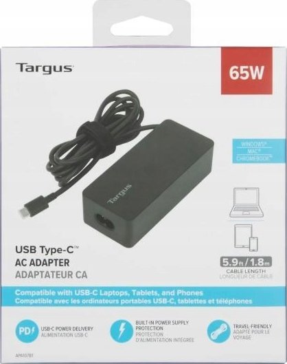 Полнач за лаптоп Targus Power Adapter 65W, USB Type C, црн
