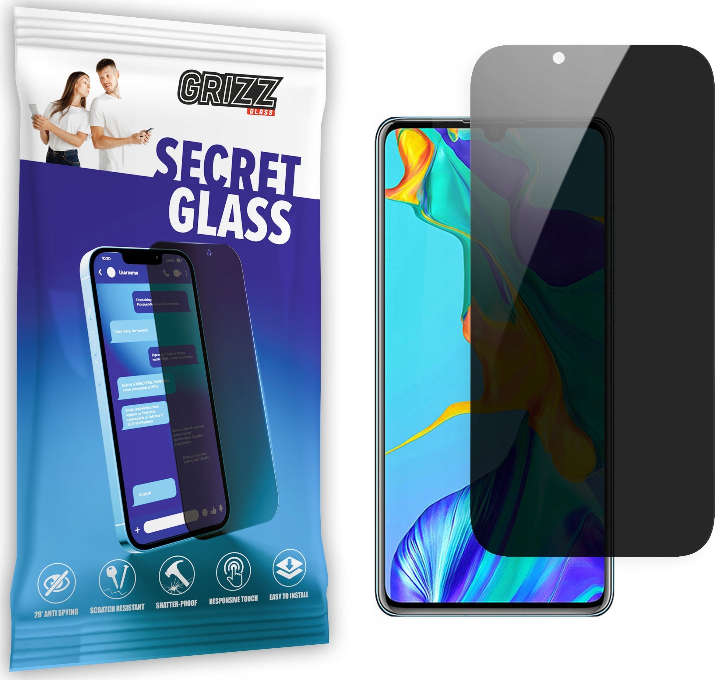 Xham mbrojtës GrizzGlass Matte SecretGlass për Huawei P30 Lite, efekt privatësie, mat, transparent