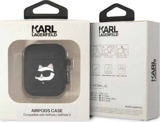 Mbështjellës Karl Lagerfeld KLA2RUNCHK për Apple AirPods 1/2, silikon, dizajn Choupette Head 3D, i zi