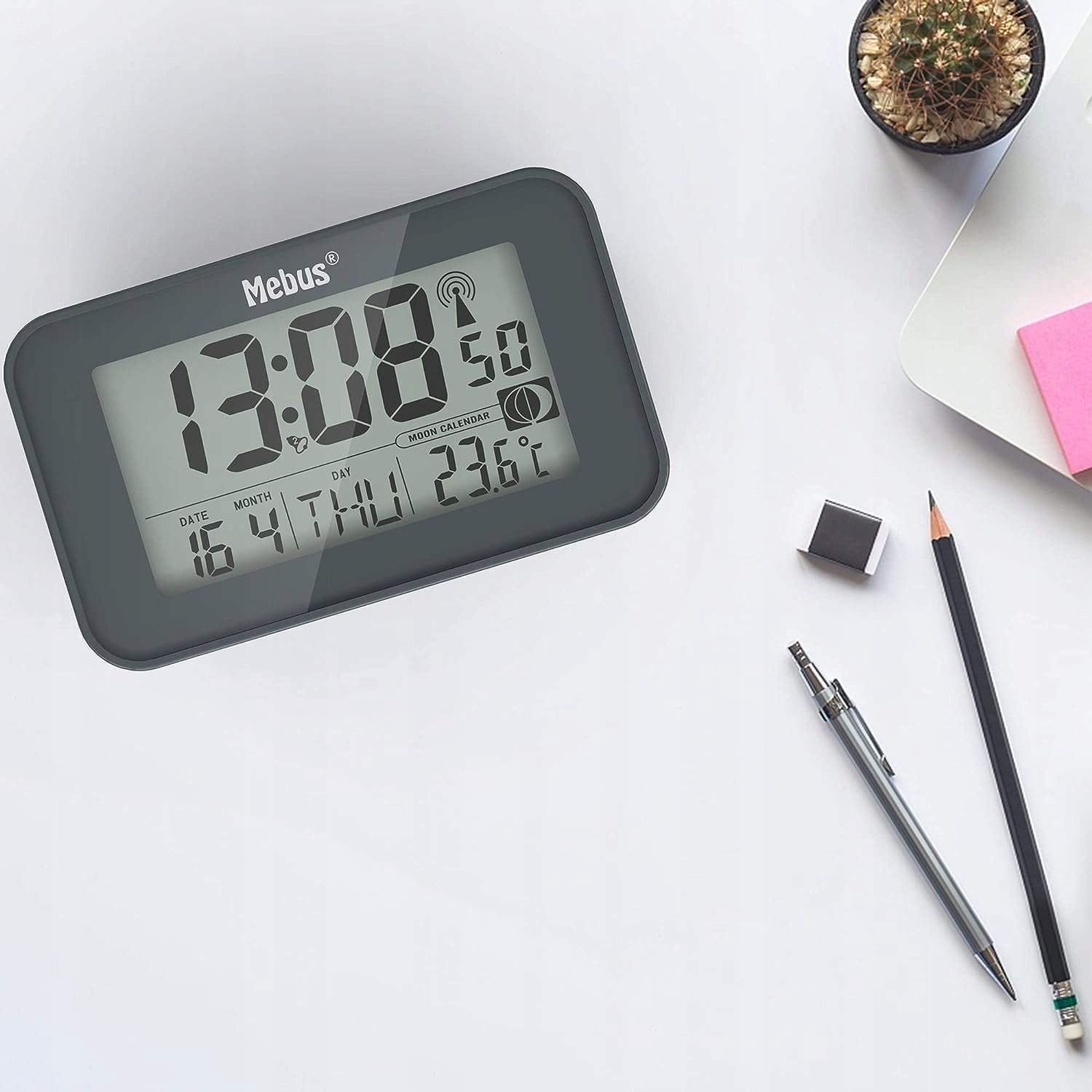 Orë alarmi dixhitale Mebus 51460, ekran LCD, matje temperature, antracit
