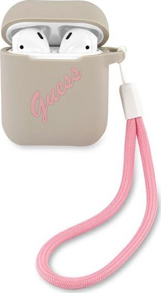 Mbrojtëse silikoni për kufje Guess GUACA2LSVSGP për AirPods 1/2, e hirtë/rozë