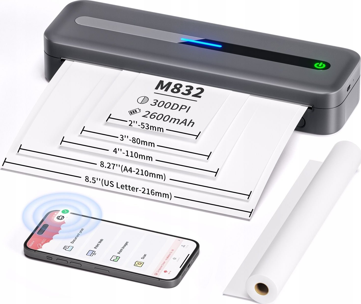 Printer etiketa Phomemo M832, termik portativ A4, Bluetooth, gri