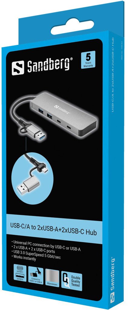 Hub USB Sandberg USB C dhe USB A, 2x USB C, 2x USB A, gri