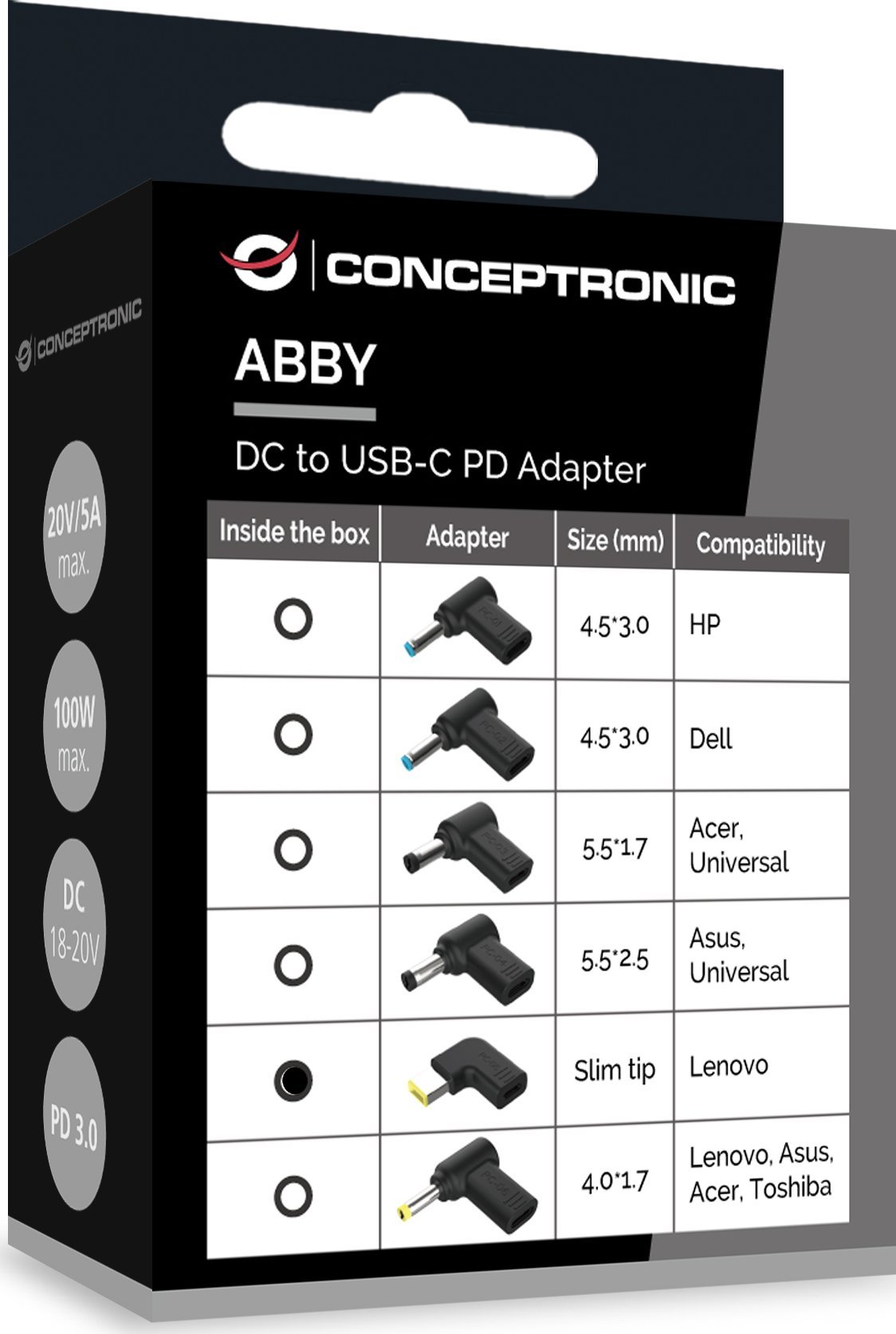 Adapter DC në USB C Conceptronic ABBY15PC05, për Lenovo Slim Tip, 18 20V, i zi