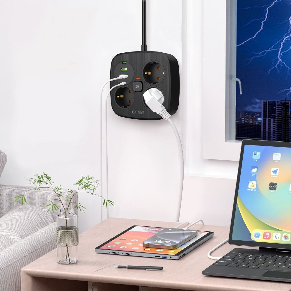 Shirit rryme Tech-Protect PCS3X4, 3 dalje, 2xUSB A 2xUSB C, kabllo 2m, i zi