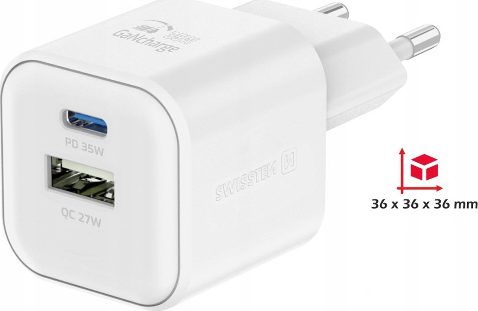Karikues muri Swissten GaN, 1x USB C 35W PD, 1x USB A 27W, i bardhë