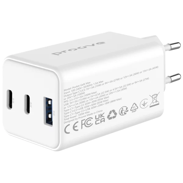 Karikues muri Proove Pocket, 65W, me 2×Type-C dhe USB, i bardhë
