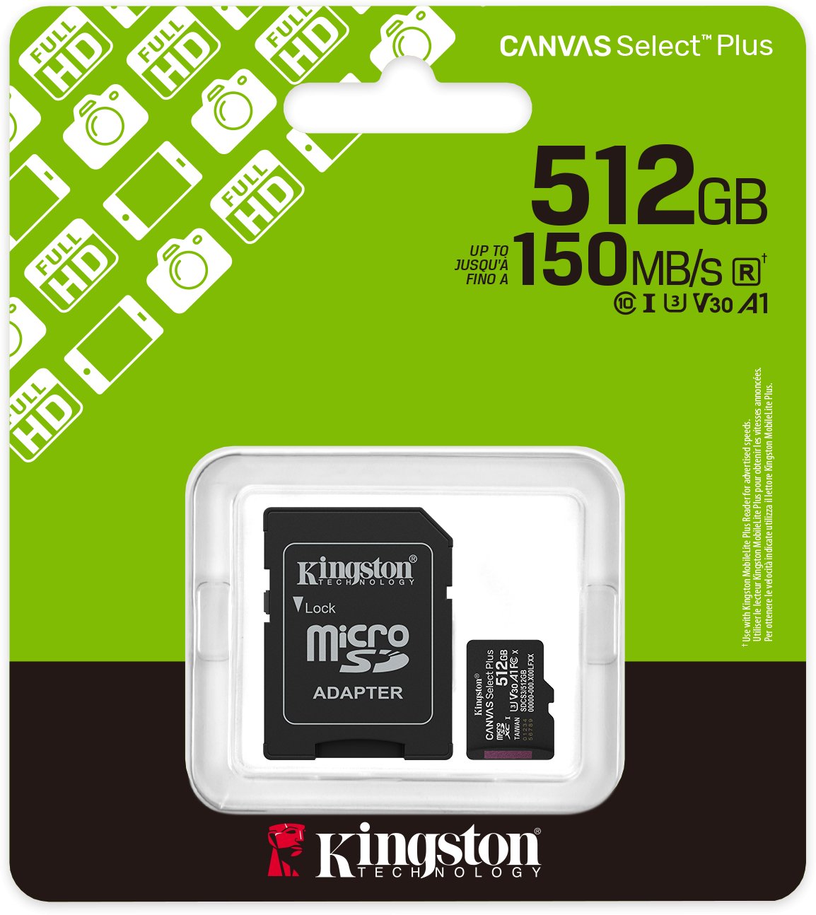 Kartë memorie Kingston Canvas Select Plus Gen3, 512GB, MicroSDXC A1 150MB/s, me adapter