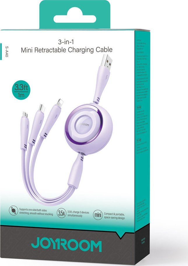 Kabllo tërheqëse 3 në 1 Joyroom S-A40, USB-A në USB-C Lightning microUSB, 1m, vjollcë