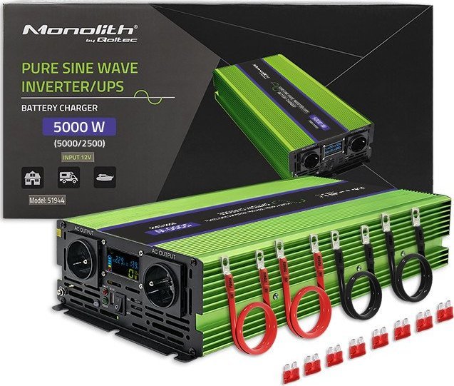 Inverter Qoltec Monolith, 2500W 5000W, 12V në 230V, valë sinusoide e pastër