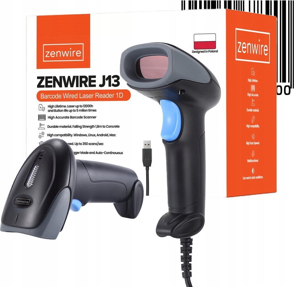 Skaner barkodesh Zenwire J13, lazer 1D, lidhje USB, i zi