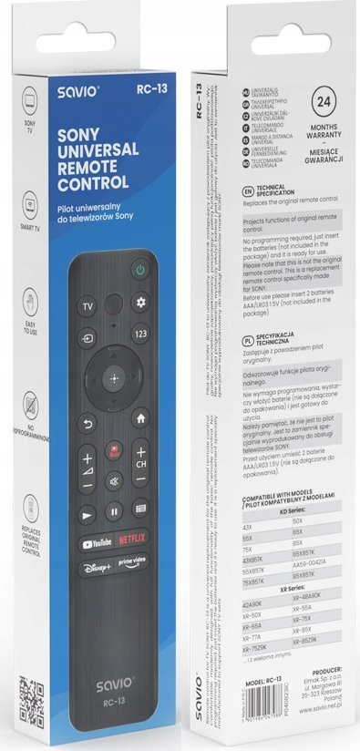 Telekomandë universale Savio RC-13 për Sony Smart TV, kompatibile, e zezë